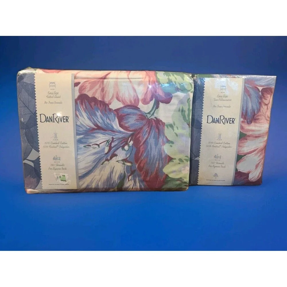 VTG Dan River No Iron Percale King Cotton Blend Fitted Sheet & 2 Pillowcases NIP